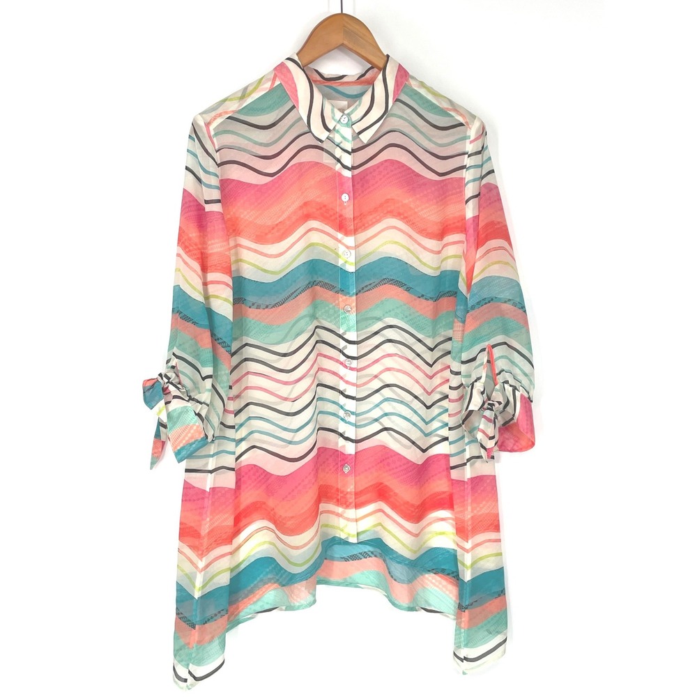 Chico's Women Tunic 2 Button Down Multi Color Wavy Tie Sleeve Sharkbite